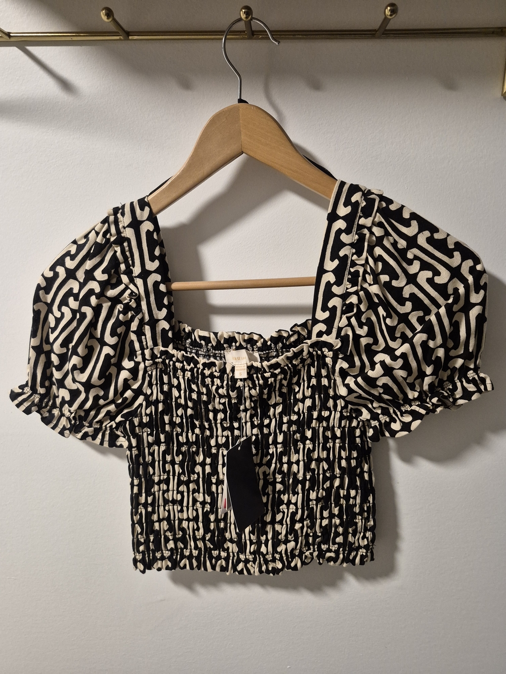 Black and Cream Smocked Puff Sleeve Crop Top - Women